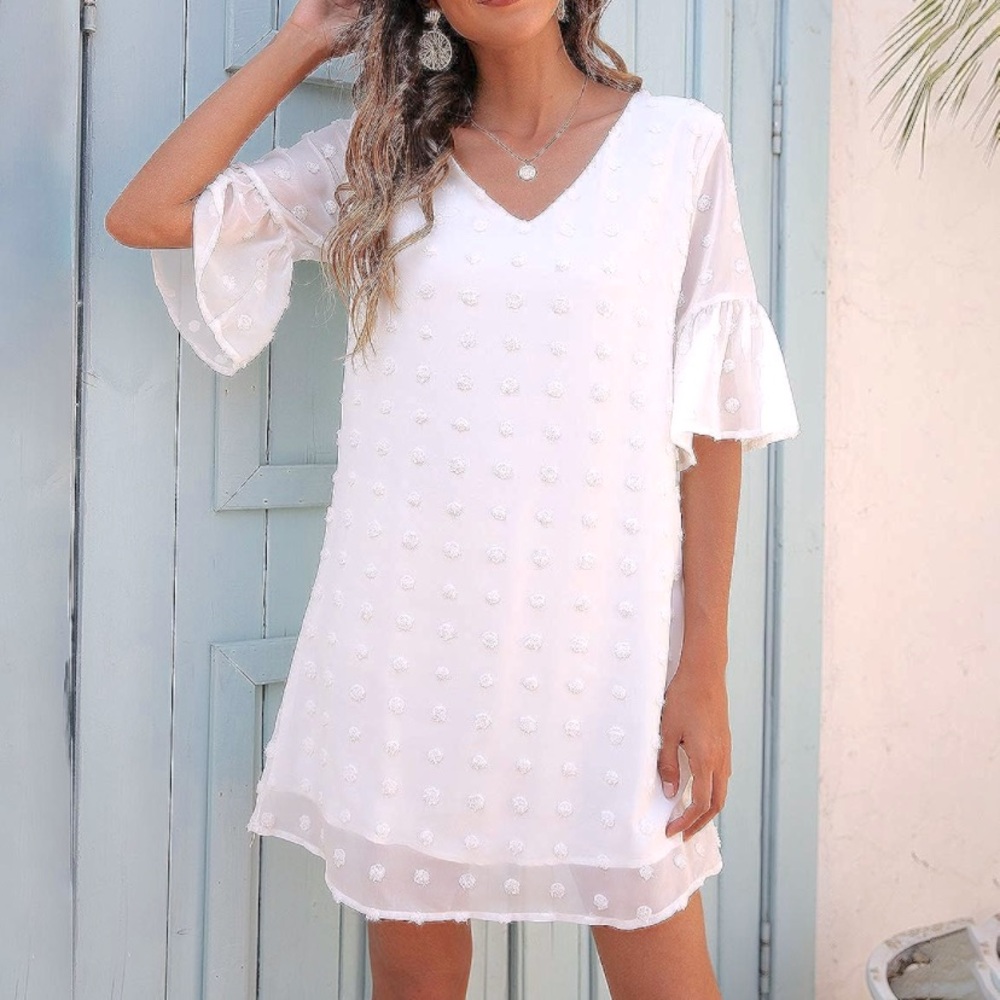 White summer dress with detail sleeves and chiffon overlay